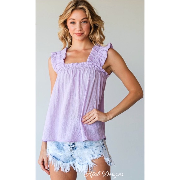 ❤️LAST ONE! Lavender Ruffled Elastic Shoulder Cotton Spring Top! - Picture 2 of 5